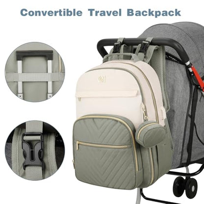 MOMUVO Diaper Bag Backpack, Quilted Baby Bag with Changing Pad & Stroller Straps & Pacifier Case, Large Travel Diaper Bags for Mom Dad, Green Beige - color: Green Beige