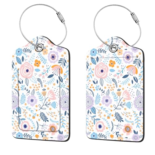 2 Pcs Luggage Tags for Suitcase, Cute Unique PU Leather Travel Bag Tag with Privacy Cover ID Label Address Card and Durable Metal Ring Suitable for Men Women Children Backpack,Colorful Flowers A - color: Colorful Flowers a