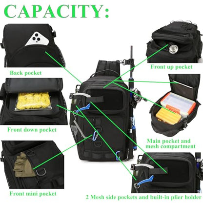 Fishing Backpack - Tackle Sling Bag- Fishing Gear Bags with Rod Holder and Fish Plier (Tan) - color: Tan