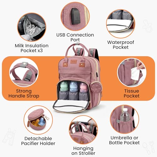 Diaper Bag Backpack with Changing Station | 600D Oxford Waterproof Baby Bag for Mom & Dad | Large Baby Diaper Bag Boy Girl | 16 Pockets, USB Charging Port, Foldable Pad - color: Perl Pink