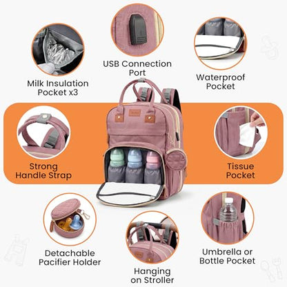 Diaper Bag Backpack with Changing Station | 600D Oxford Waterproof Baby Bag for Mom & Dad | Large Baby Diaper Bag Boy Girl | 16 Pockets, USB Charging Port, Foldable Pad - color: Perl Pink
