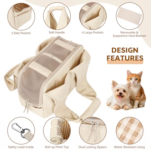 Dog Purse Carrier for Small Dogs and Cats, Soft-Sided Pet Tote Bag with 6 Large Pockets, Collapsible Travel Puppy Carrier, Fits Pets up to 16 lbs (Beige, 17.5" L x 8" W x 12" H) - color: Beige, size: 17.5"L x 8.0"W x 12.0"H