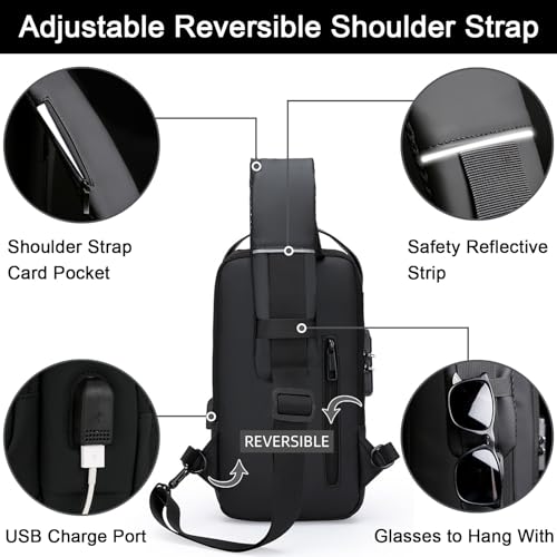 Sling Bag for Men Anti-theft USB Crossbody Shoulder Backpack Purse Waterproof PU Leather Chest Bag Travel Daily Use - color: Black