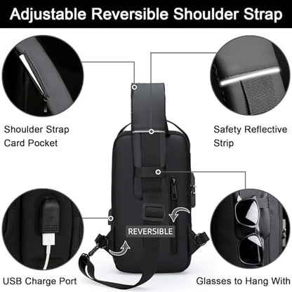 Sling Bag for Men Anti-theft USB Crossbody Shoulder Backpack Purse Waterproof PU Leather Chest Bag Travel Daily Use - color: Black