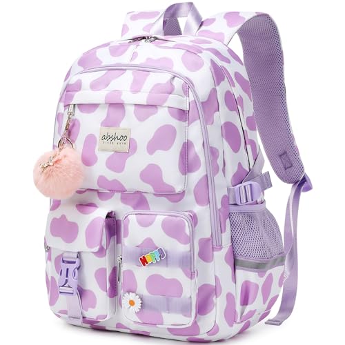 abshoo Big Student Laptop Backpack For College Women Middle High School Teen Girls Bookbag Travel Daypack (Cow Print Purple) - color: Cow Print Purple