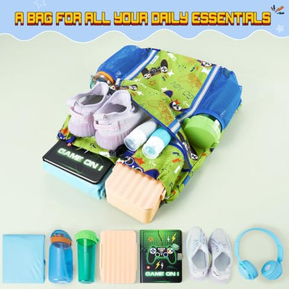 WAWSAM Drawstring Backpack for Kids, Game Kids Drawstring Gym Bag for Boys, Waterproof Swim Bag for Beach String Cinch Backpack with Two Mesh Water Bottle Pocket - color: Game