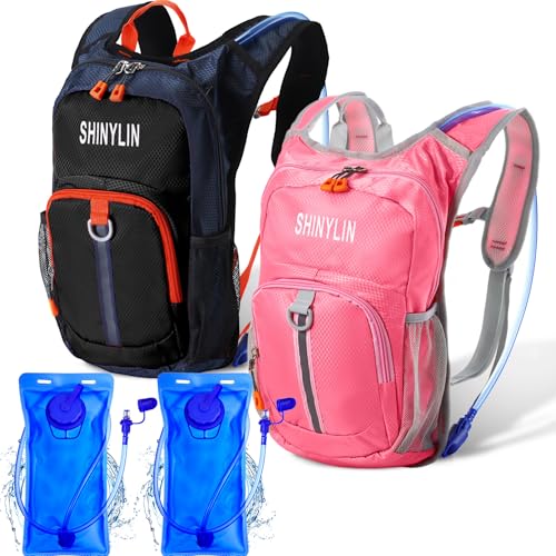 Shinylin 2 Pcs Kids Hydration Backpack with 1.5L Water Bladder Lightweight Kids Hiking Backpack Water Rucksack for Boys Girls Climbing Running - color: Black,Pink, style: Classic