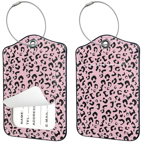 2 PCS Luggage Tags for Suitcases,Cute Pink Leopard PU Leather Name Tag with Privacy Cover&ID Label Address Card and Durable Metal Ring Suitable for Men Women Travel Bag - color: Pink Leopard