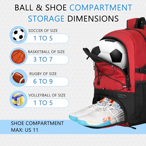 Goloni 30L Sports Backpack with Ball Compartment & Ventilated Shoe Pocket,Basketball Soccer Bag for Youth Boys Girls - color: Wine Red