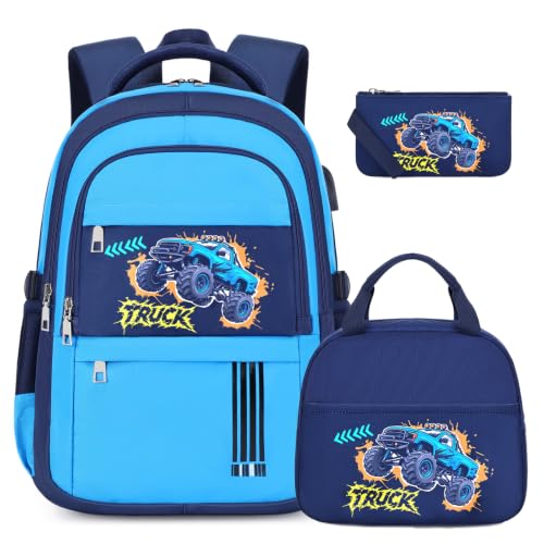 ACESAK Boys Backpack - 3PCS Cool Luminous Backpack for Boys School Backpacks for Kids Kindergarten Elementary Preschool Middle School Bags with Lunch Box Pencil Case Set (Off-road Vehicle) - color: Blue Vehicle
