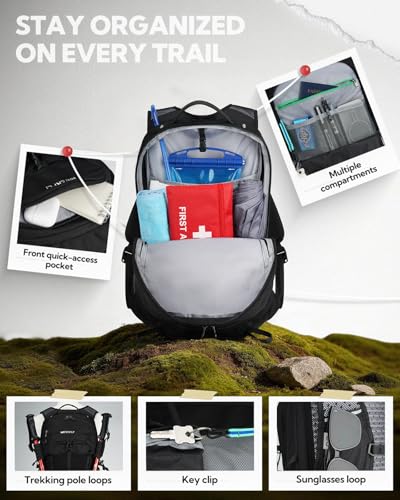 WATERFLY Small Lightweight Hiking Backpack: 20L Outdoor Daypack with Phone Pocket, Hydration Compatible, Breathable Backpanel, Multi-Compartment for Camping Trekking Travel Women Men - color: Black