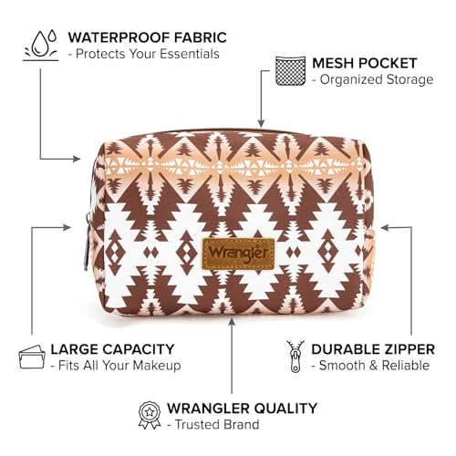 Montana West X Wrangler Travel Makeup Bag Waterproof Cosmetic Bag Portable Makeup Pouch for Women Large Toiletry Bag - color: Coffee
