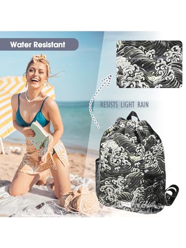 Waterproof Drawstring Backpack Sports Gym Sackpack with Mesh Pockets Water-Resistant String Cinch Beach Bag for Men Women - color: Print - Black Waves