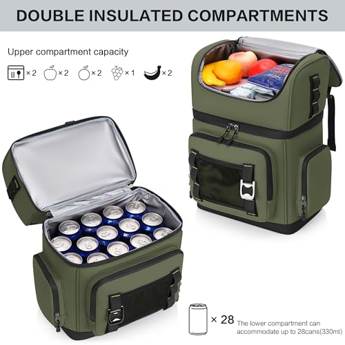 Large Waterproof Insulated Cooler Backpack for Men & Women, Double Decker Leak Proof Cooler Backpack for Beach, Camping, Picnic, Travel, 26L, 44Cans - color: Green