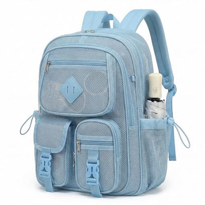 Mesh Backpack for Girls Boys, Women Mesh Bookbags Heavy Duty Semi-Transparent School Bag Net Back Pack for Travel, Beach, Swimming, Work - Baby Blue - color: Baby Blue