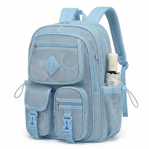 Mesh Backpack for Girls Boys, Women Mesh Bookbags Heavy Duty Semi-Transparent School Bag Net Back Pack for Travel, Beach, Swimming, Work - Baby Blue - color: Baby Blue