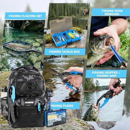 PLUSINNO Fishing Backpack with Fishing Gear Fishing Net, Waterproof Tackle Backpack with Rod Holders, Tackle Box, Lures, Tools, Pliers & Accessories, Fish Gifts for Men - color: Fishing Backpack with Fishing Net