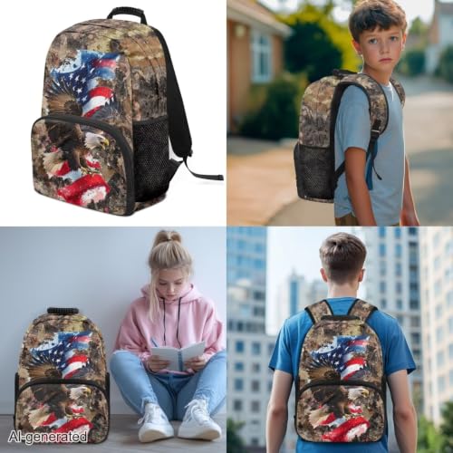 3 in 1 School Backpack, 3PCS Branches American Flag Eagle Kids Bookbag Set Large Capacity 17 Inch Student Backpack with Lunch Box and Pencil Case - color: Branches American Flag Eagle