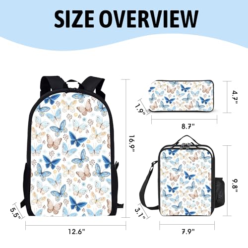 3PCS Butterfly Backpack for Boys Girls Teens, School Backpack with Lunch Box Pencil Case for Elementary Middle High Students, 17 Inch Lightweight Bookpack 3 in 1 Set Back to Shool Gifts for Kids - color: Butterfly