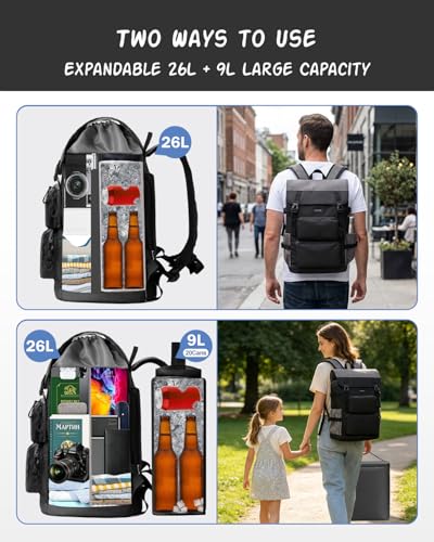 Odoland 2-in-1 Cooler Backpack with Removable Insulated Bag, 26L Leak-Proof Dry Wet Separation Backpack with 9L Cooler (20 Cans) for Beach Picnic Camping Day Trip, Lunch Diaper Bag for Men Women - color: Black