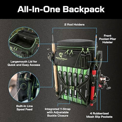 Evolution Fishing Drift Series Tackle Backpack, Outdoor Rucksack w/ 6 Fishing Tackle Trays, Heavy Duty - color: Green, size: 3700