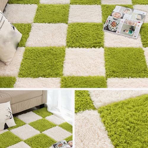 Thickened Plush Foam Interlocking Floor Carpet Mat, 24 Piece 12x12in Fluffy Square Puzzle Foam Carpet Tiles with Edgings, Soft Anti-Slip Shaggy Area Rug Playmat (Green+White) - color: Green+white