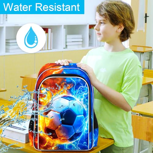 AGSDON 3PCS Soccer Backpack for Boys, 17" Kids Bookbag with Lunch Box for Boy, Flame Thunder Backpacks Water Resistant and Lightweight for Teen - color: Soccer