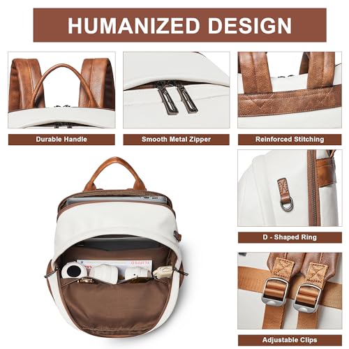 Leather Backpack for Women Men, Fits 16.0 Inch Laptop, Soft Vegan Leather Backpack for Travel and Daily Use, Beige - color: 3-1 Beige