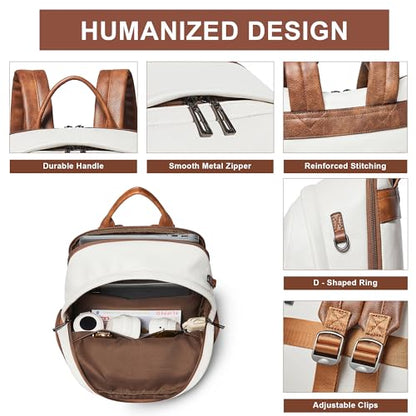 Leather Backpack for Women Men, Fits 16.0 Inch Laptop, Soft Vegan Leather Backpack for Travel and Daily Use, Beige - color: 3-1 Beige