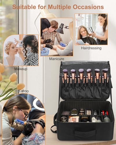 Relavel Makeup Backpack Extra Large Travel Train Case Professional Makeup Artist Kit Set Bag with 4 Clear Bags, Brush Storage Organizer Box with Dividers for Cosmetic Hair Tools Barber Supplies, Black - color: Black