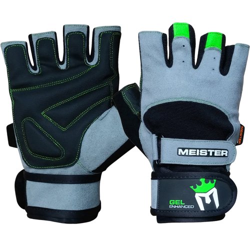 Meister Wrist Wrap Weight Lifting Gloves w/Gel Padding - color: Gray / Neon Green, size: Small