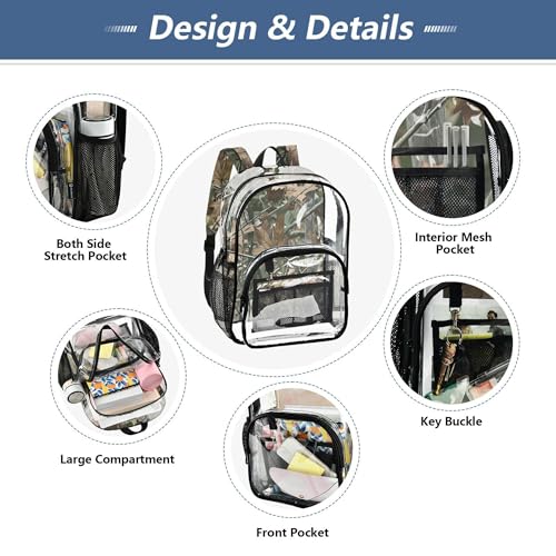 Camo Forest Trees Leaves Clear Backpack PVC Transparent Backpack Lightweight Book Bags Capacity Clear Bag for Boys Girls - color: Bronco Green