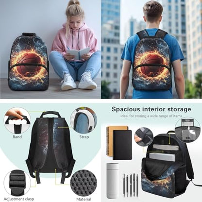 JEOCODY Fire Water Basketball School Bag Boys Backpack with Lunch Bag Water Bottle Pencil Case Pouch Set Large Capacity Girls Bookbag Daypack for Travel Hiking, Set 4 in 1 - color: Fire Water Basketball Patternss