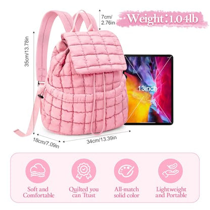 Quilted Puffer Backpack for Women Lightweight Soft Puffy Backpack Purse Casual Daily Drawstring Flap Daypack (Pink) - color: Pink