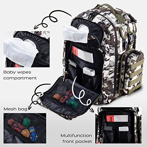 Dinictis Dad Diaper Bag, Mens Diaper Bag Backpack with Diaper Changing Mat, Military Diaper Backpack with Molle Webbing, Waterproof Pouch, Baby Wipes pocket, Insulated Bottle Pockets- Camo - color: Camo