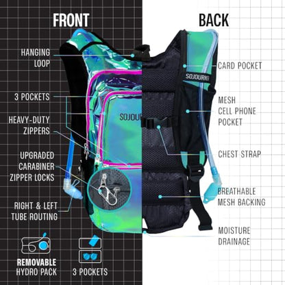 Sojourner Hydration Pack, Hydration Backpack - Water Backpack with 2l Hydration Bladder, Festival Essential - Rave Hydration Pack Hydropack Hydro for Hiking, Running, Biking, Festival Gear - color: Laser Holographic - Purple