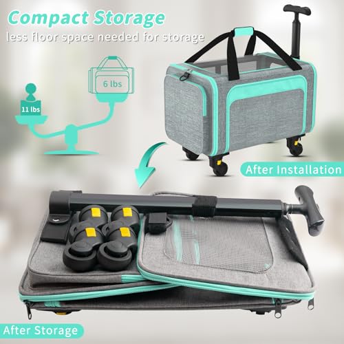 Rolling Pet Carrier with Detachable Wheels - 18x11x11 TSA Airline Approved for Southwest Delta United American, Soft Sided Expandable Travel Bag for Small Dogs & Cats up to 15Lbs, Fits Under Seat - color: Green