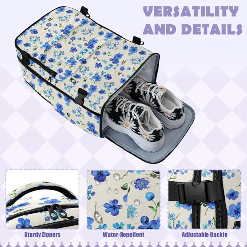 Travel Backpack with Shoe Compartment, 20L Large Capacity Laptop Backpack for Men Women, Blue Flowers Daypack for Traveling Hiking Carry On