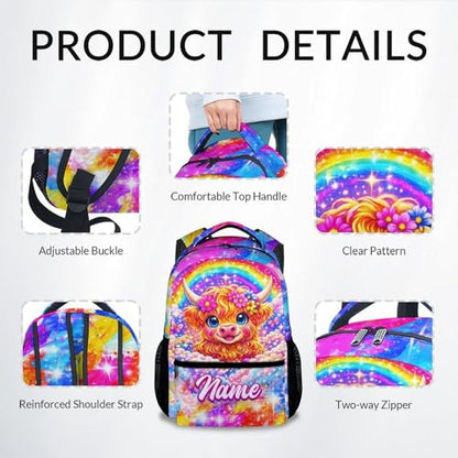 Kids Backpack Girls Customize Highland Cow School Bag with Adjustable Straps, Personalized Backpack for Kindergarten & Elementary, Preschool Bookbag for Girls (17 Inch) - color: Orange
