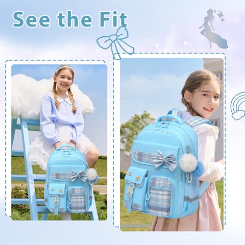 Alrisg Girls School Backpack Preppy Plaid Bookbag Lightweight Backpack for Girls Elementary Middle School Bow Blue - color: Blue, size: 17in