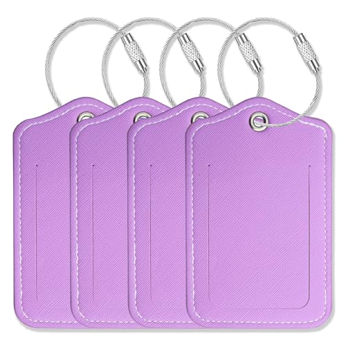Luggage Tags for Suitcases-Leather Luggage Tag 4 Pack with Loops Cute Bag/Backpack/Suitcase Tags Travel Essentials for Flying (Violet) - color: Violet