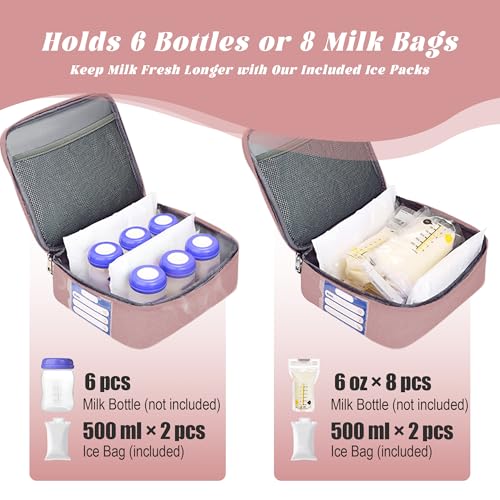 Breast Pump Bag with Insulated Cooler, Double-Layer Pumping Bag for Work & Travel, Fits Most Electric Breast Pumps, Includes 10 Ice Packs & Waterproof Mat, Detachable Bottle Cooler Tote, Pink - color: Pink