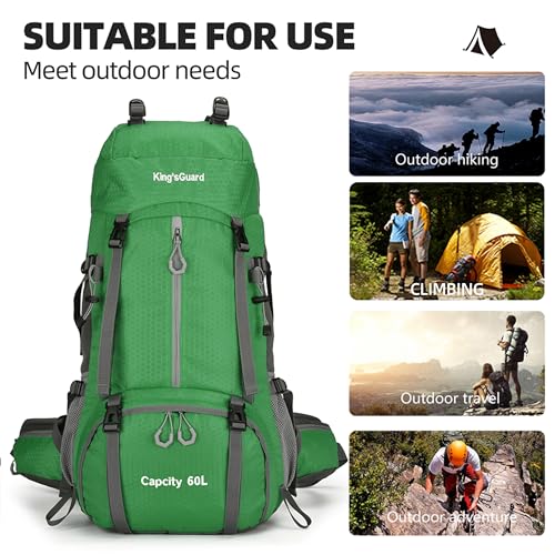 King'sGuard 60L waterproof lightweight hiking backpack with rain cover and shoe compartment outdoor sports travel backpack (Green) - color: Green