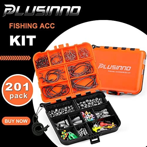 PLUSINNO 253/387pcs Fishing Gear Accessories Kit, Fishing Tackle Box with Tackle Included, Fishing Hooks, Fishing Weights Sinkers, Spinner Blade, Fishing Equipment for Bass Trout Bluegill Crappie - color: 201pcs Fishing Accessories Kit