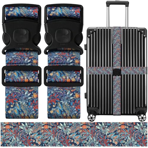 Luggage Straps for Suitcases, Travel Adjustable Belt with Quick Release Buckle, Heavy Duty Nylon Bag Packing Strap, Unique Bright Identifiers Business Travel Accessories (2 Pack) - Blue Flowers - color: Deep Blue