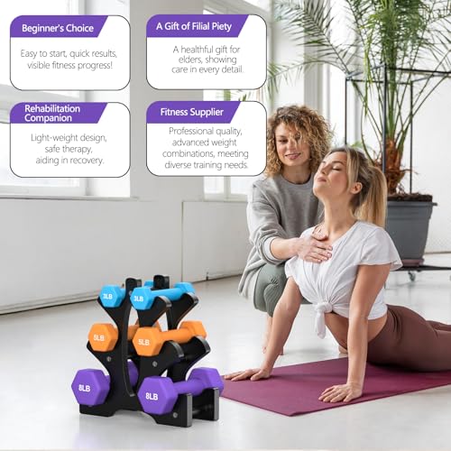 Portzon Weights Dumbbells Set 3, 5, 8, and 10 Pound Neoprene Dumbbell Free Hand Weight Set with Rack, Ideal for Home Exercises, 32 LB, Anti-Slip, Anti-roll, Hex Shape - color: Blue+Orange+Black