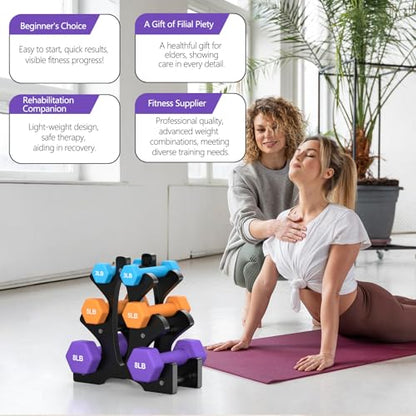 Portzon Weights Dumbbells Set 3, 5, 8, and 10 Pound Neoprene Dumbbell Free Hand Weight Set with Rack, Ideal for Home Exercises, 32 LB, Anti-Slip, Anti-roll, Hex Shape - color: Blue+Orange+Black