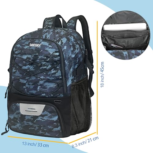 DAFISKY Basketball Backpack Sports Bag | Basketball Bag with Shoe Compartment and Ball Holder, 30L Large gym bag for boys girls - color: CamoBlue