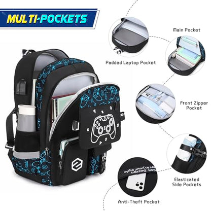 Scothen Boys Backpack, Cool Luminous Gamer School Backpacks for Boys with 14oz Insulated Water Bottle Lunch Bag Pencil Case, Kids Backpack Book Bags for Kindergarten Elementary Middle School - color: Blue Pattern