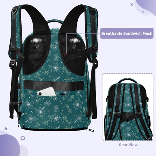 Travel Backpack with Shoe Compartment, 20L Large Capacity Laptop Backpack for Men Women, Teal Hibiscus Daypack for Traveling Hiking Carry On